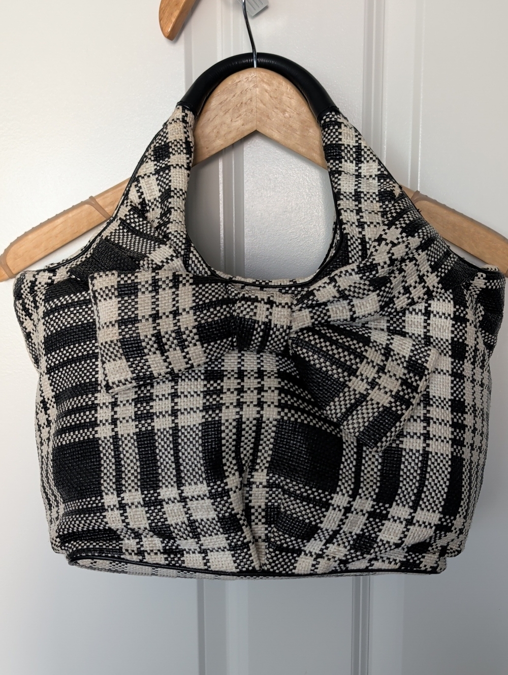 kate spade Black and Cream Plaid Tote with Front Bow